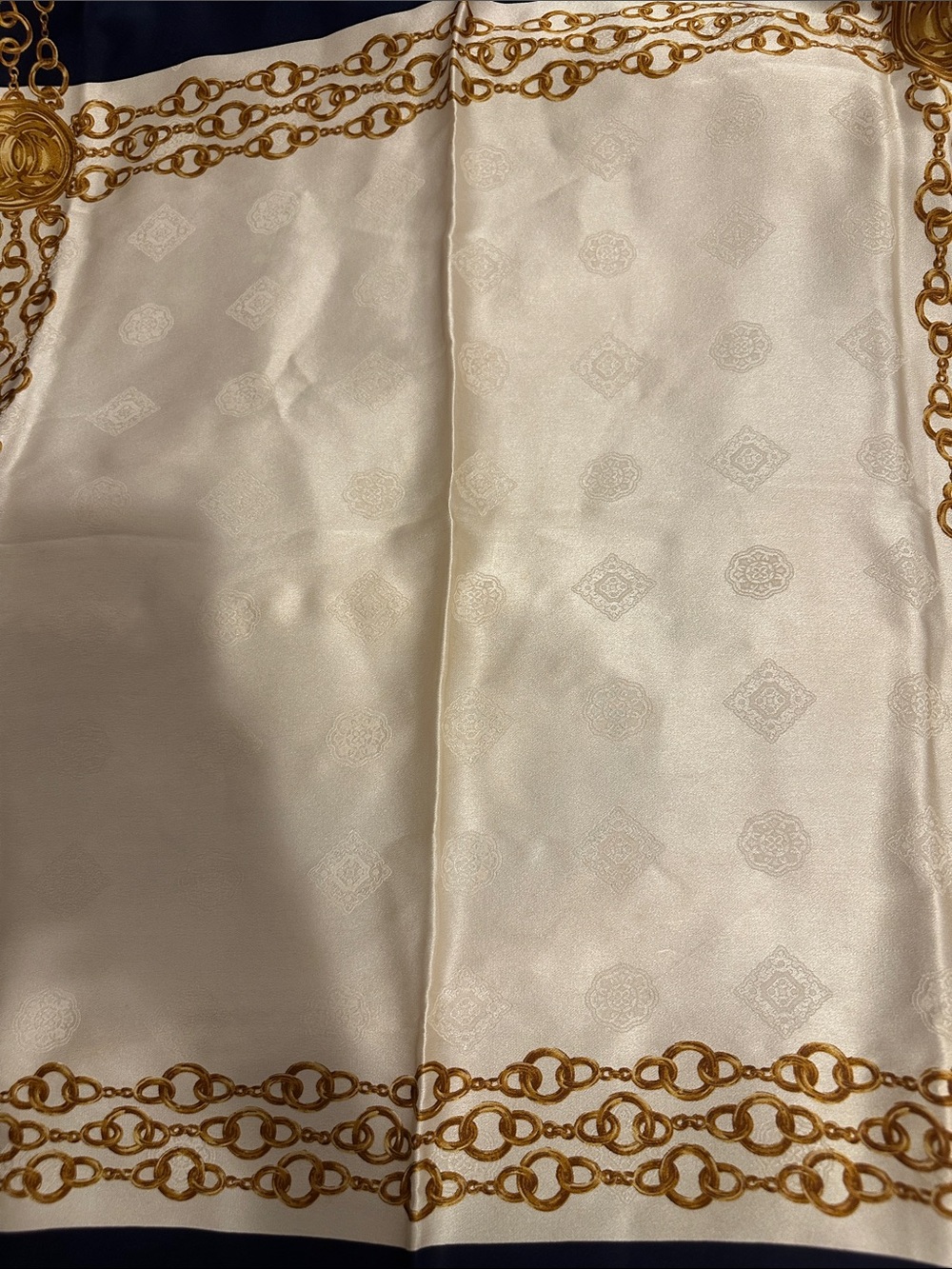CHANEL Navy, Cream and Gold Chain Motif Silk Scarf PREOWNED - Picture 6 of 6